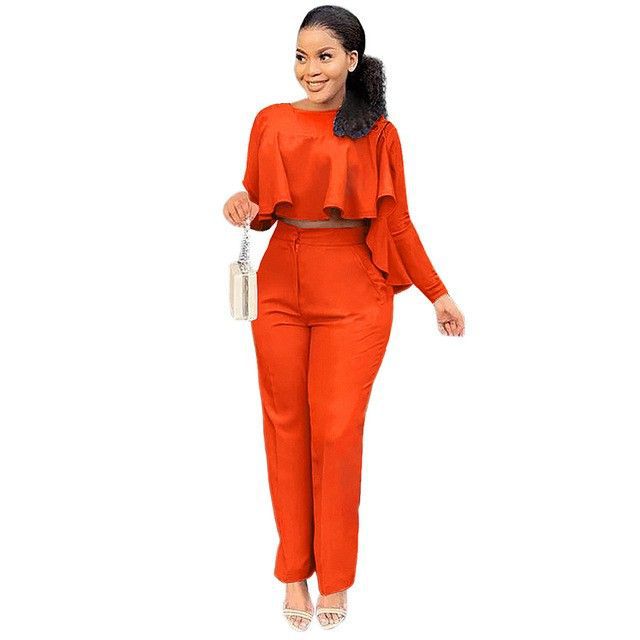 Solid Color Cutout Long Sleeve High Waist Wide Leg Two Piece Suit