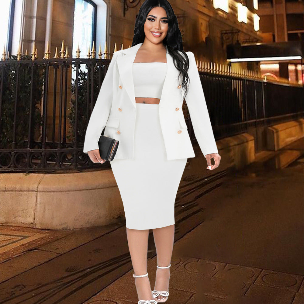 Lapel Long Sleeve Button Slim Top Suit High Waist Dress