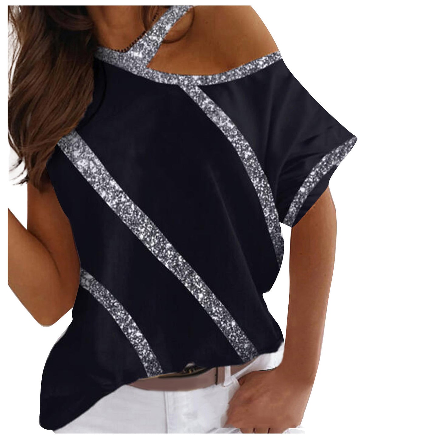 Off-Shoulder Hanging Neck Short-Sleeved T-Shirt