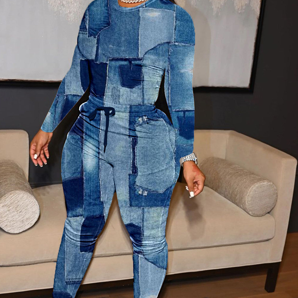 Denim Printing Multi Color Two-Piece Set