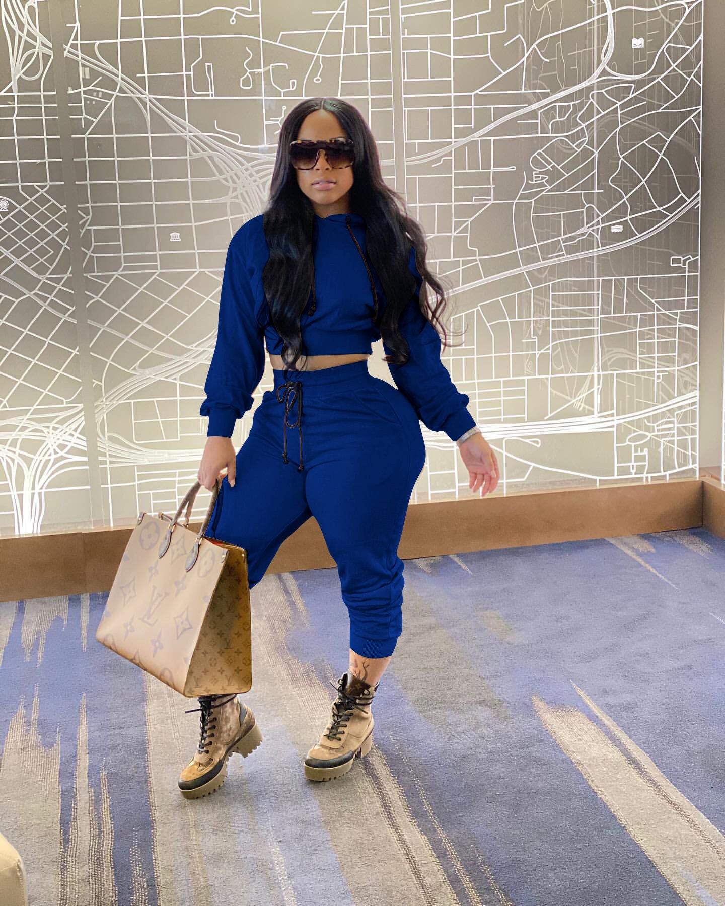 Drawstring Solid Color Hooded Long Sleeve Two Piece