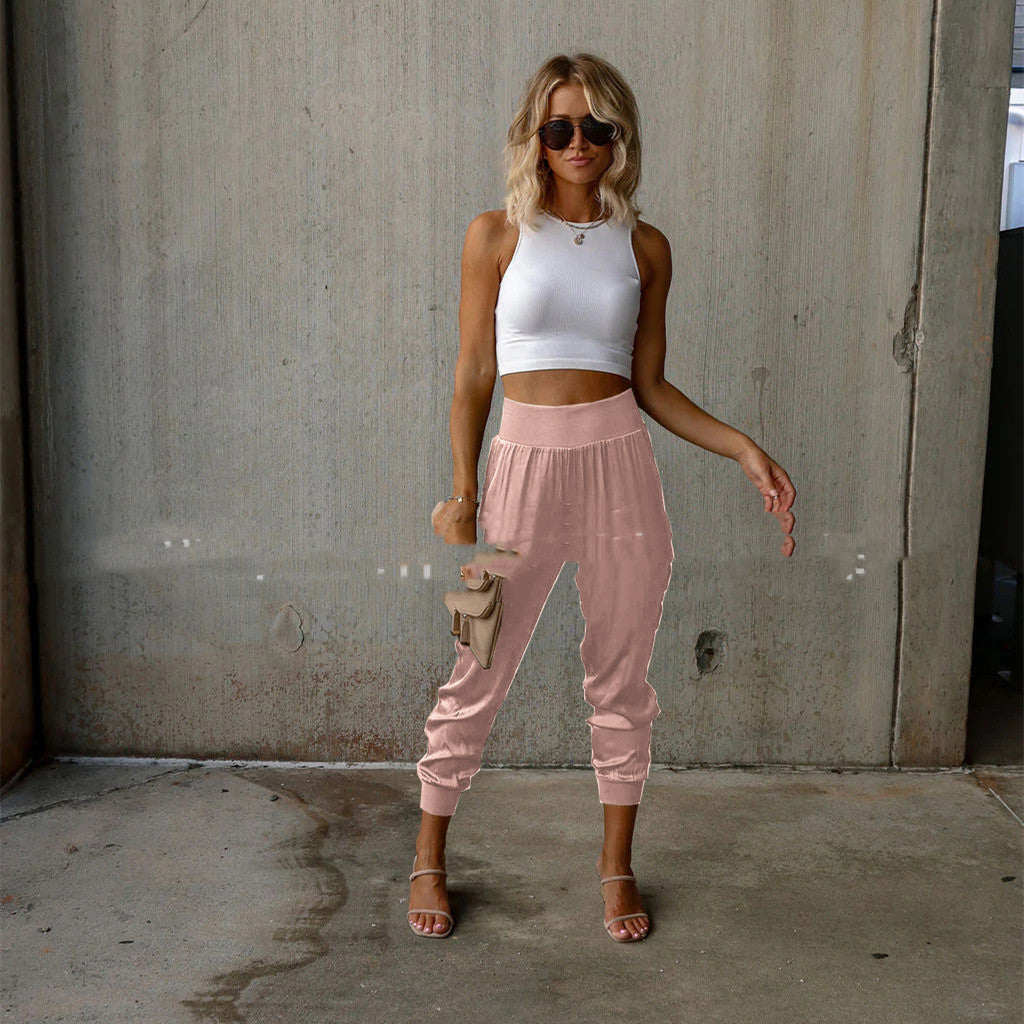 Autumn Satin Elastic Waist Pocket Fashion Pants