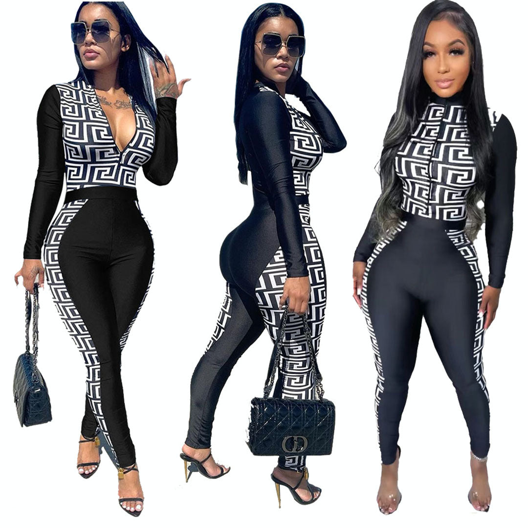 Fashion Print Splicing Black Print Jumpsuit