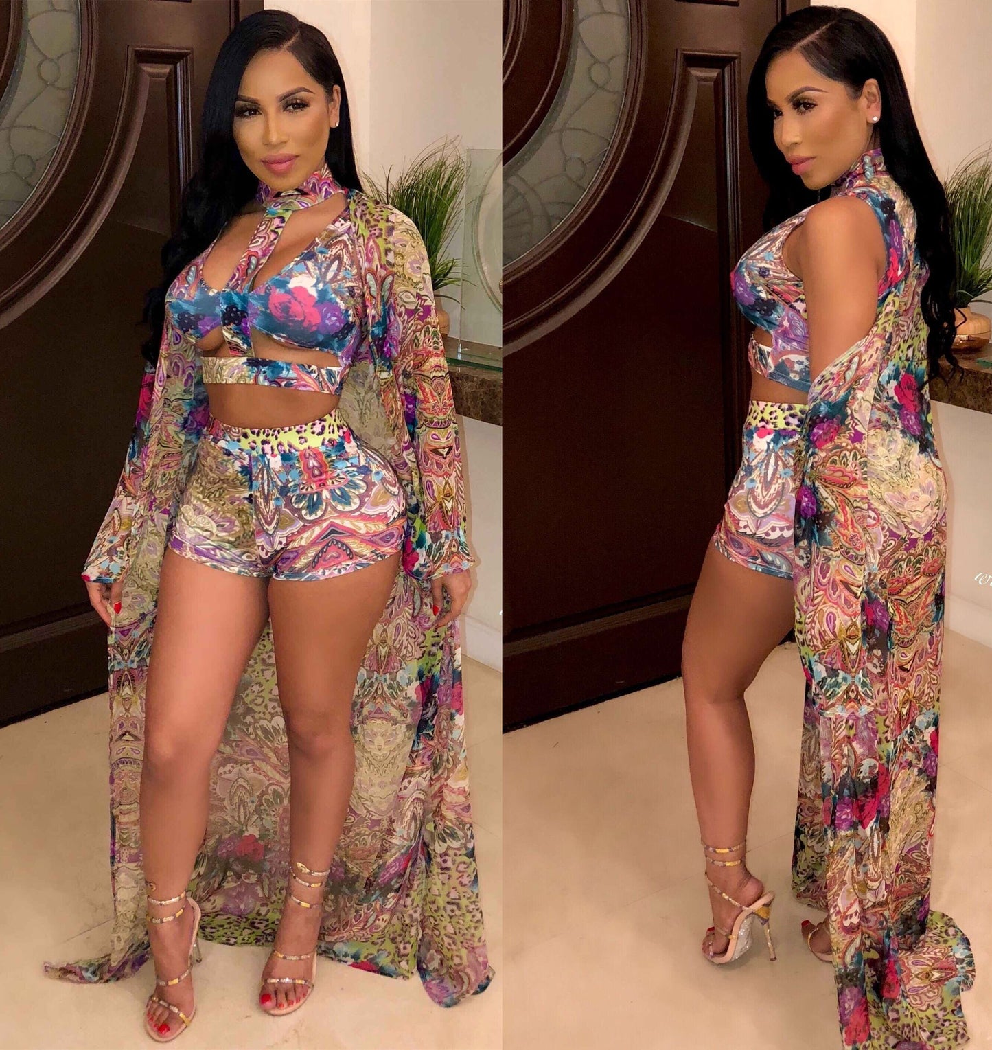 Digital Printing Split Swimsuit Three Piece Set