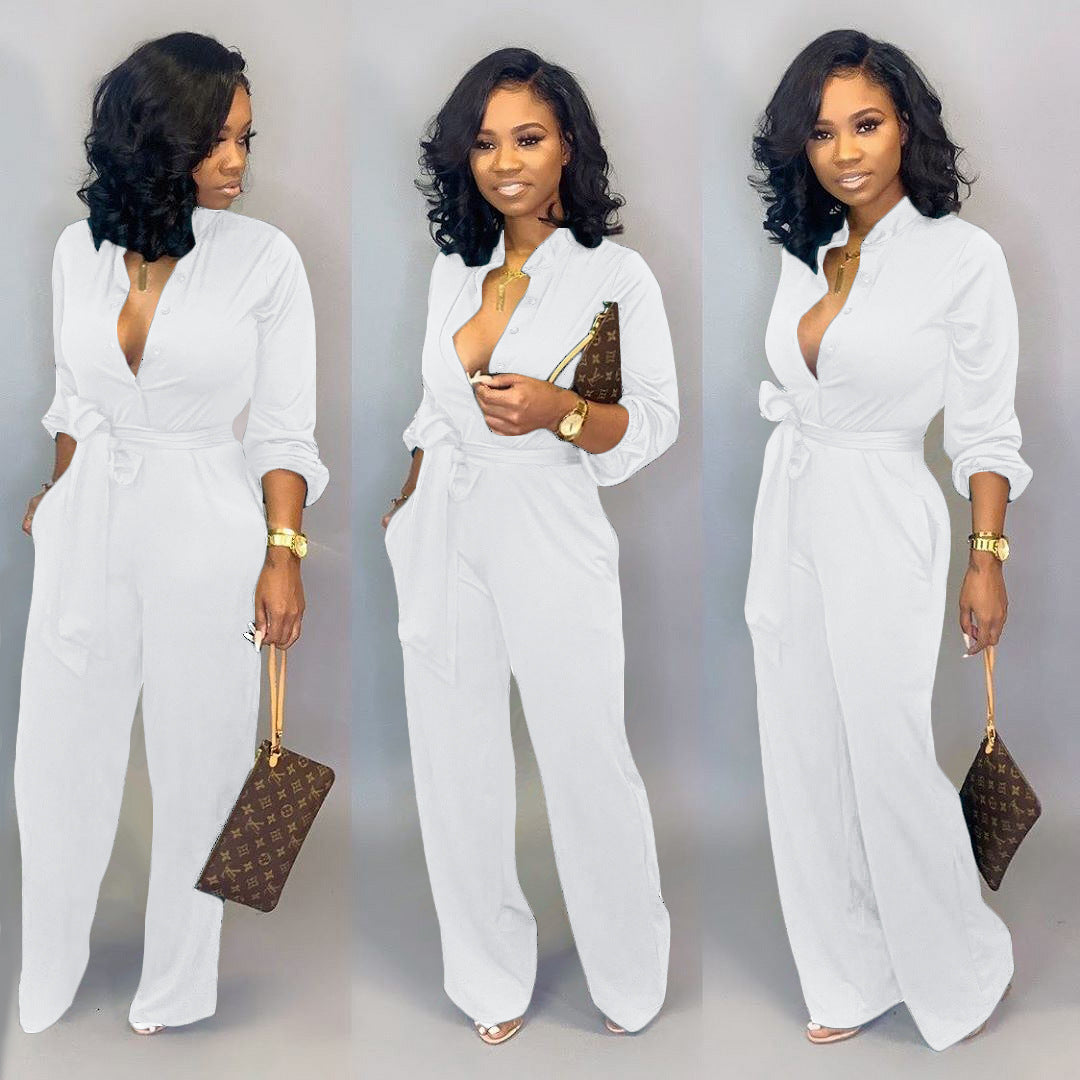 Solid Color Deep V Neck Loose Jumpsuit