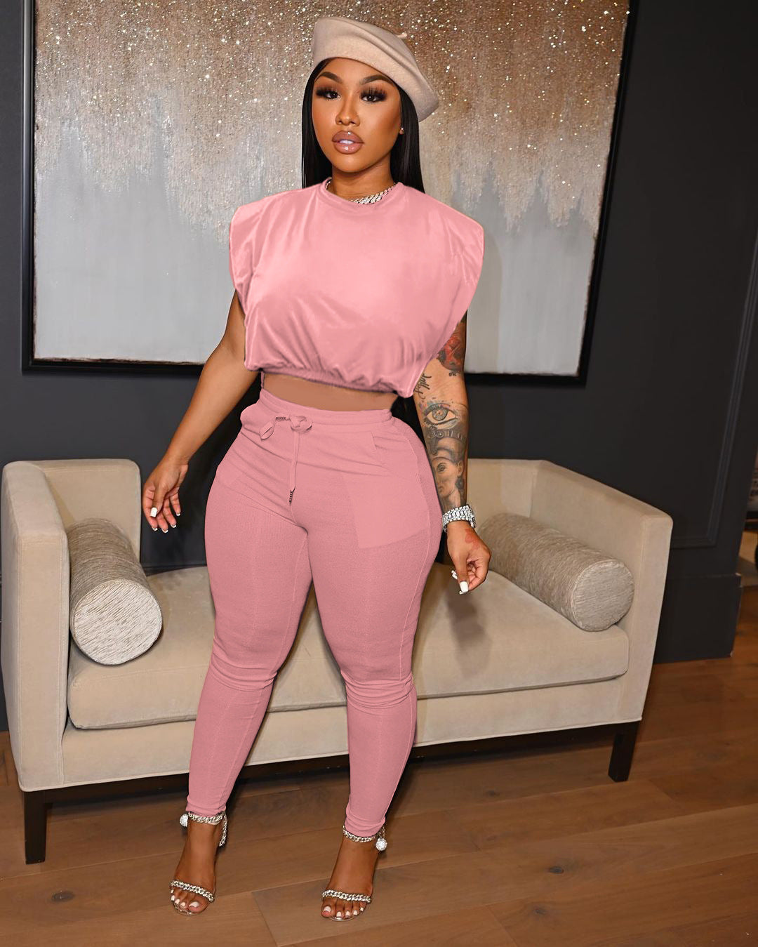 Sleeveless Shoulder Padded T-Shirt Two-Piece Set With String Pockets