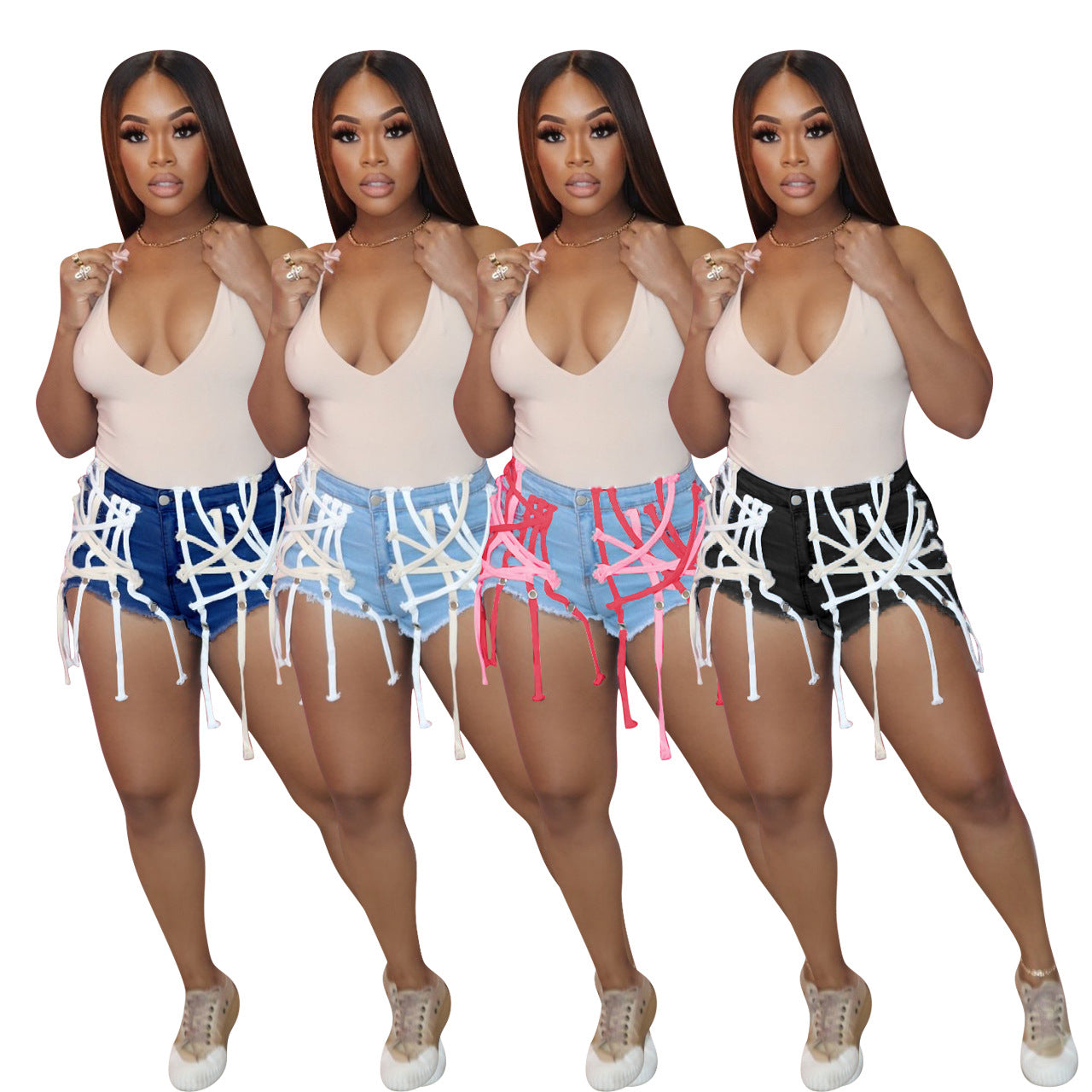 New Eyelet Straps To Wear Washed Denim Shorts