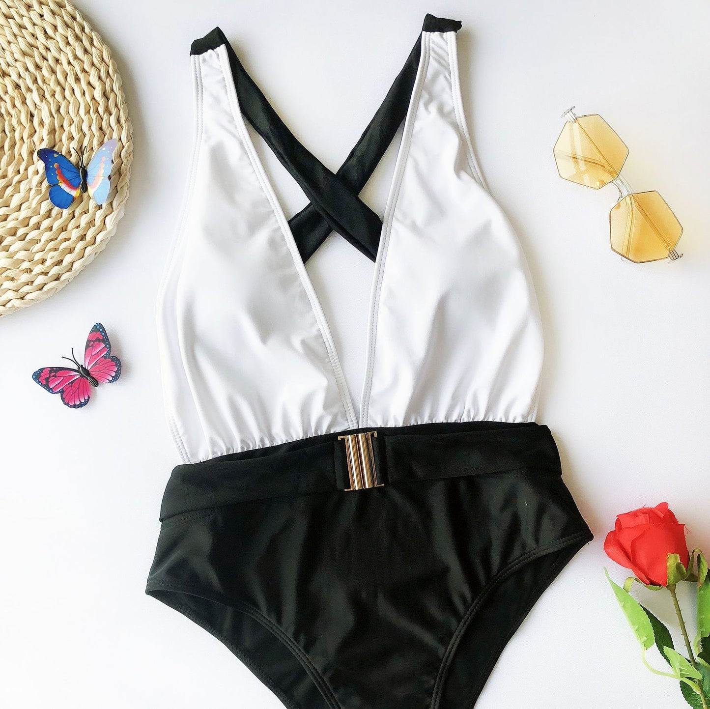 One-Piece Color-Block Metal Belt Swimsuit