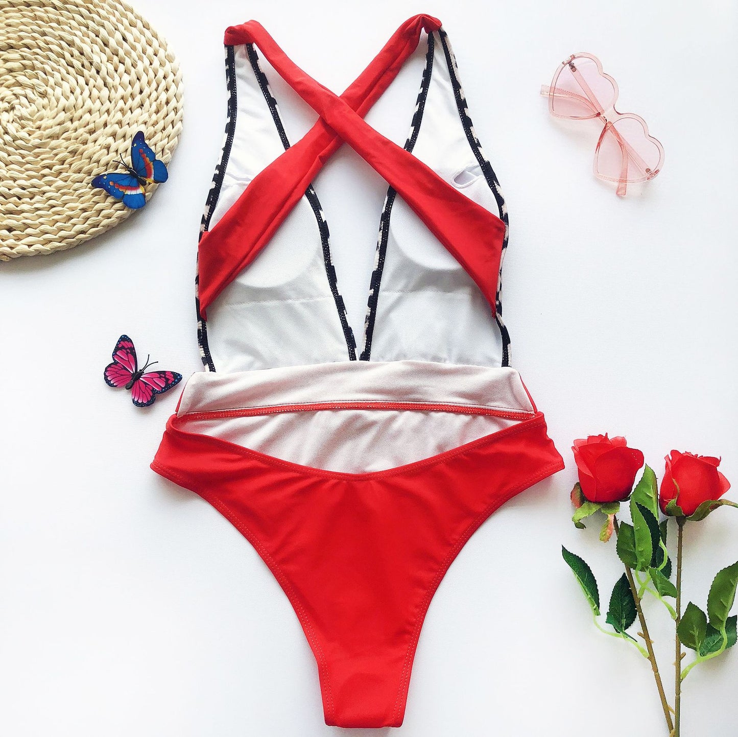 One-Piece Color-Block Metal Belt Swimsuit