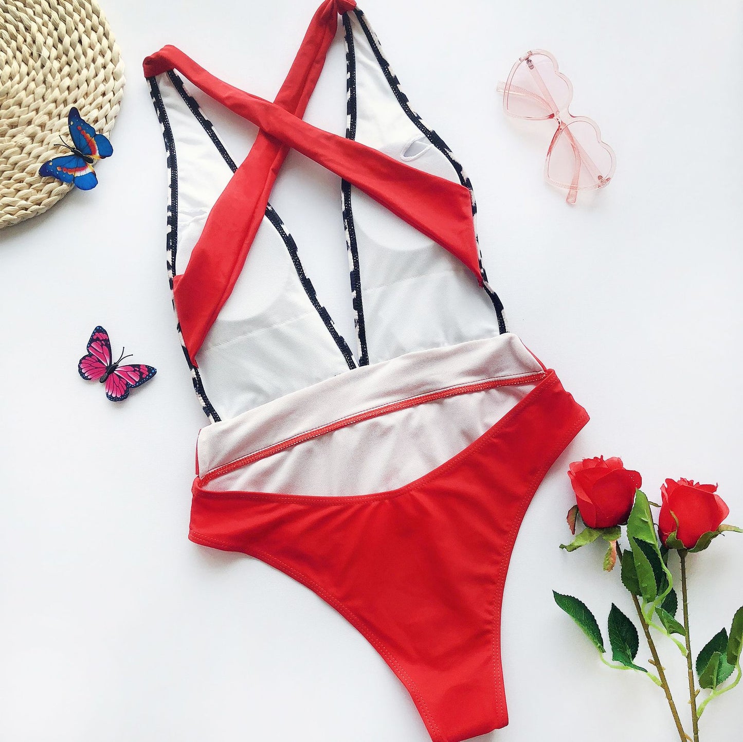 One-Piece Color-Block Metal Belt Swimsuit