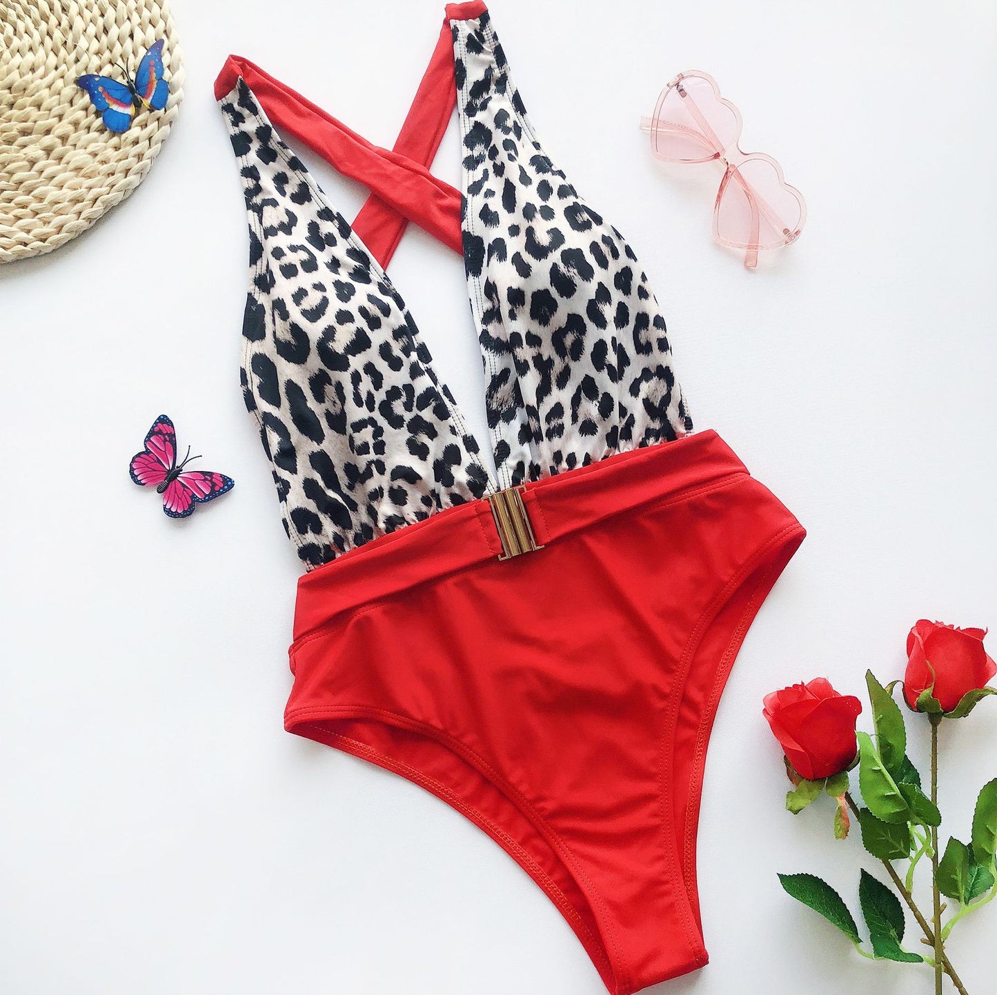 One-Piece Color-Block Metal Belt Swimsuit