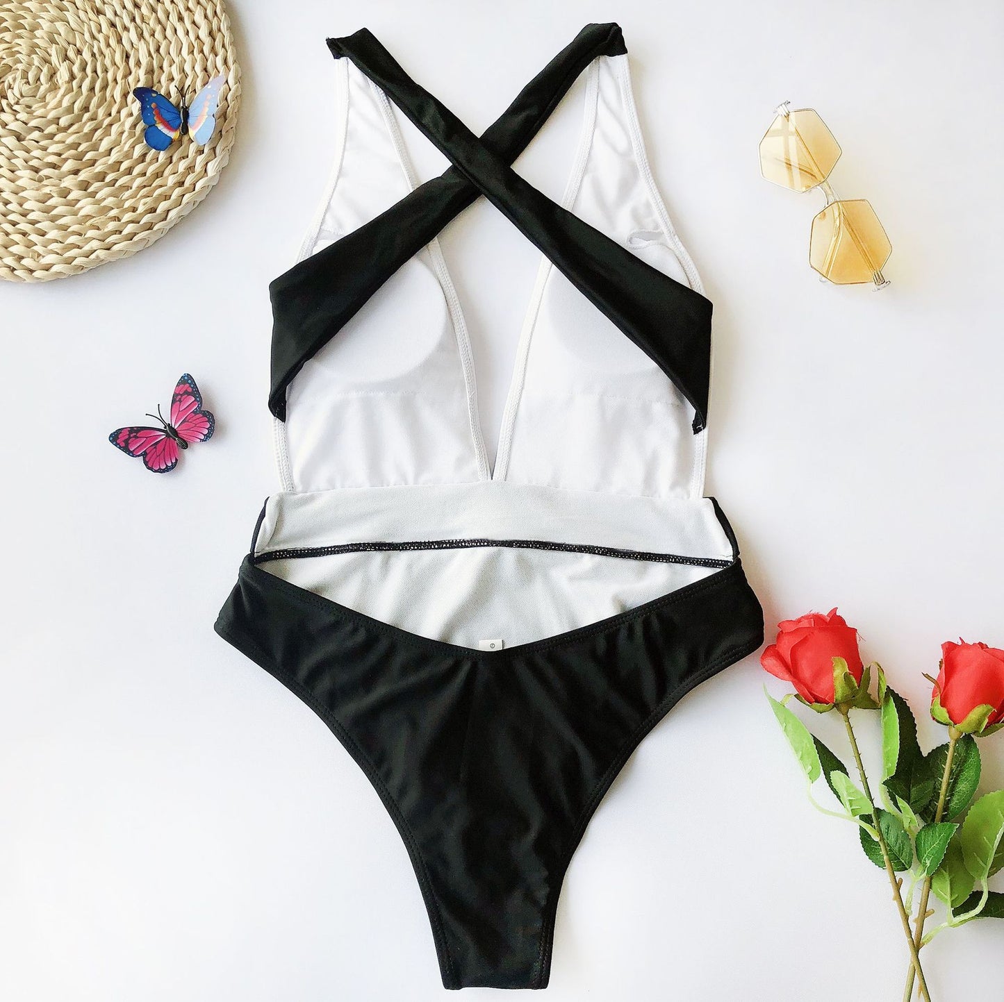One-Piece Color-Block Metal Belt Swimsuit