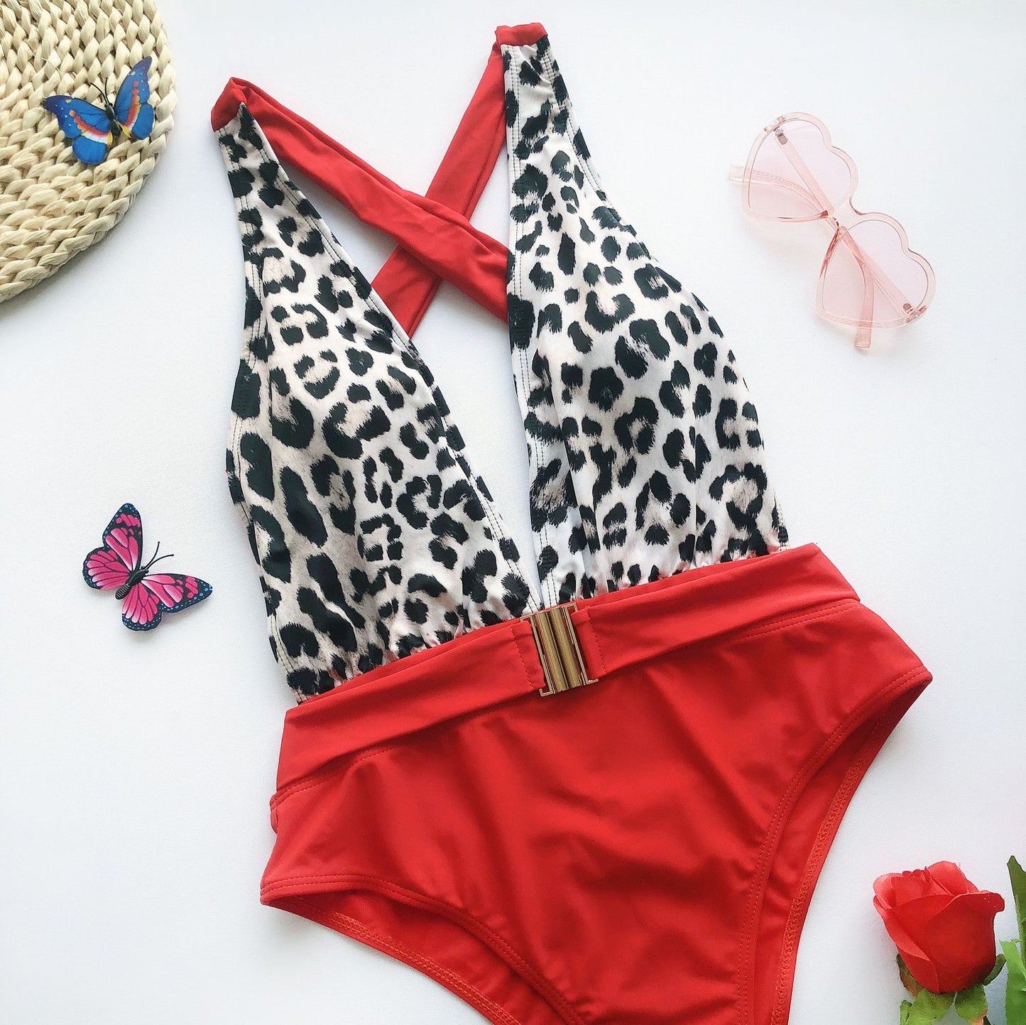 One-Piece Color-Block Metal Belt Swimsuit