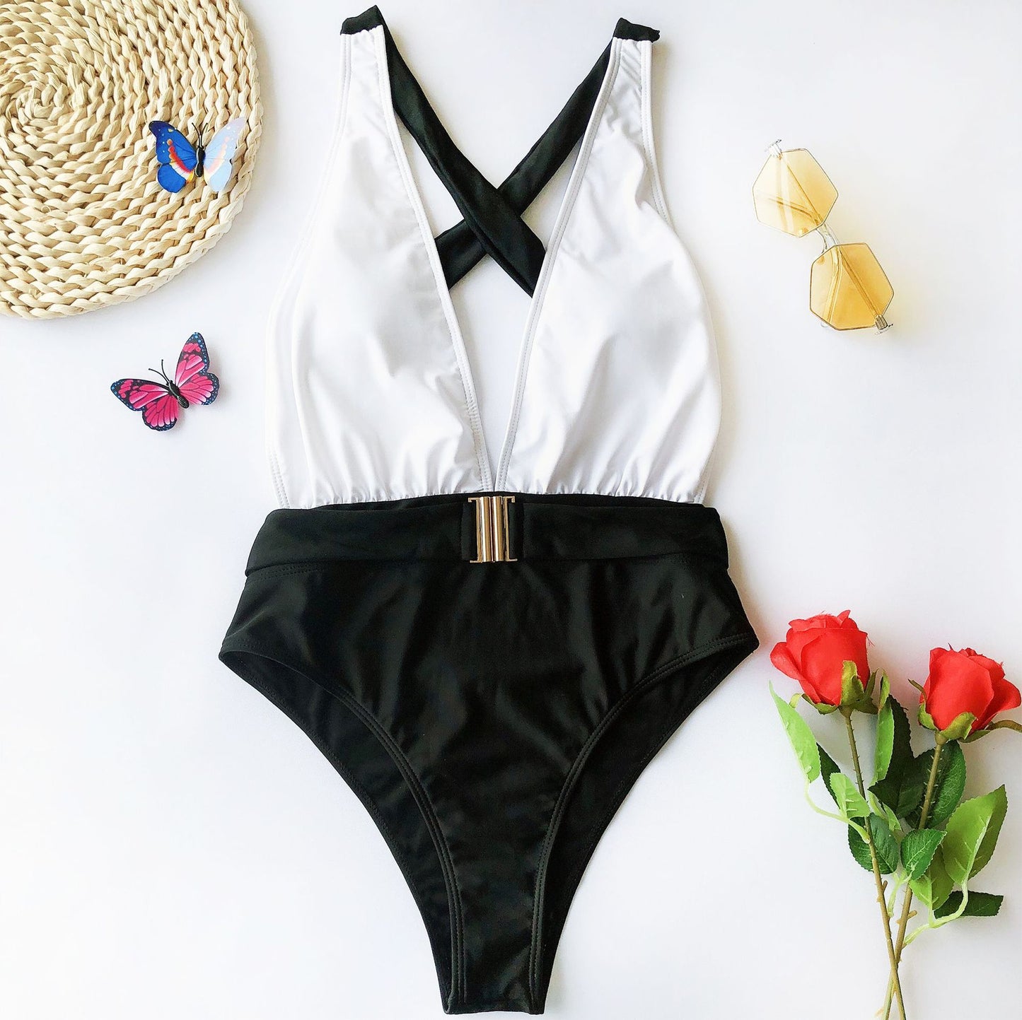 One-Piece Color-Block Metal Belt Swimsuit