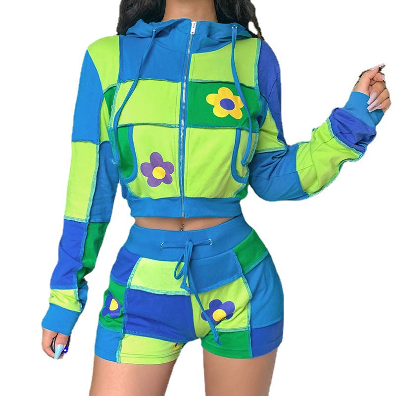 Patchwork Printed American Cropped Coat Crop Hoodie