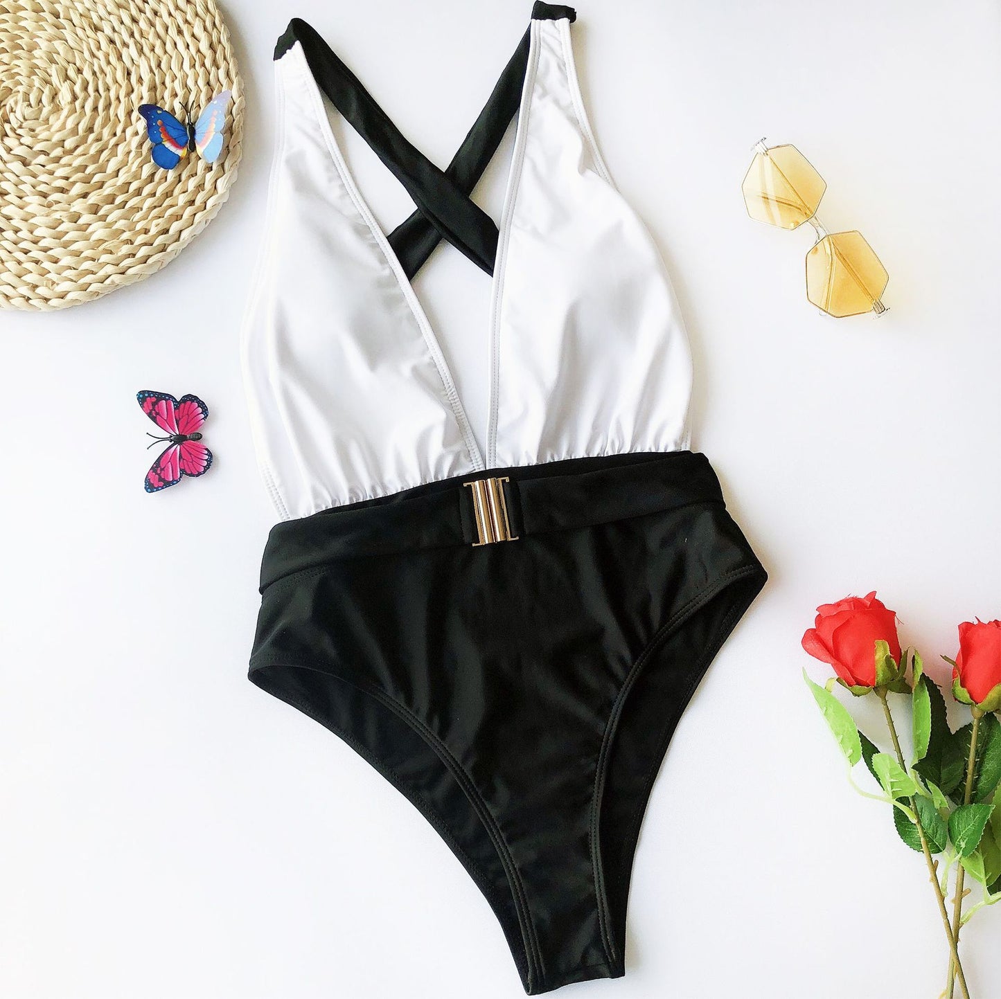 One-Piece Color-Block Metal Belt Swimsuit