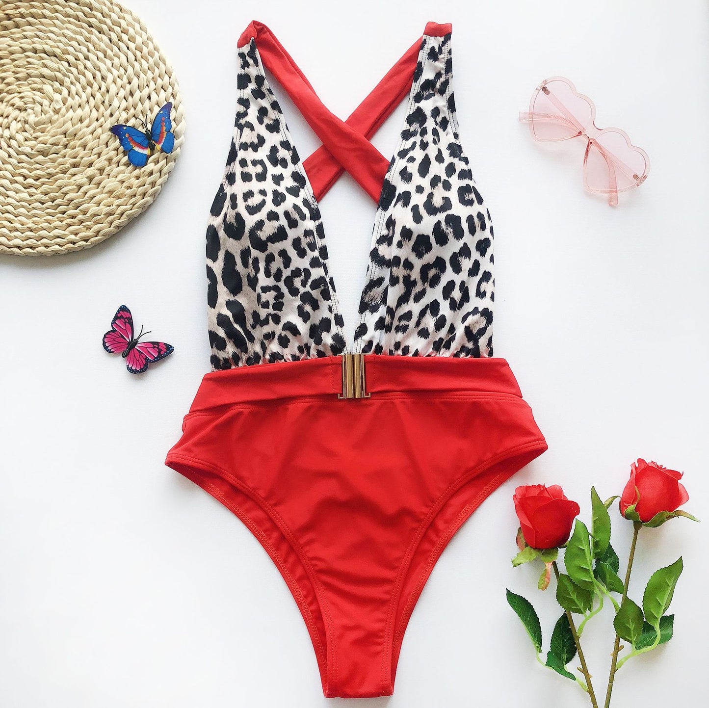 One-Piece Color-Block Metal Belt Swimsuit