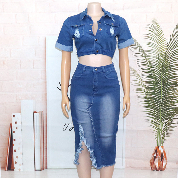 Denim Fashion Frosted Garment Denim Skirt Suit
