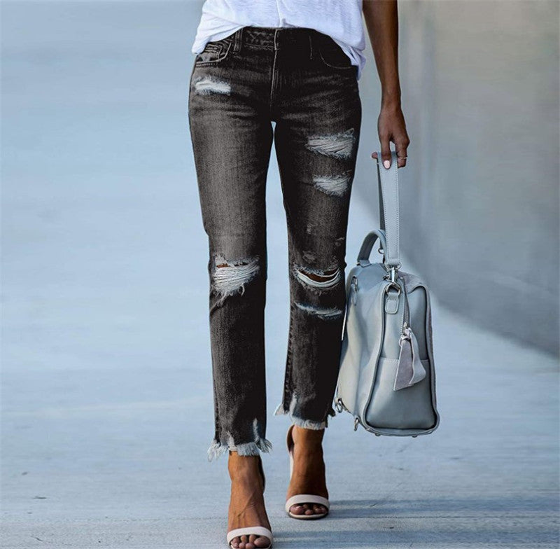 Ripped Solid Color Denim Jeans