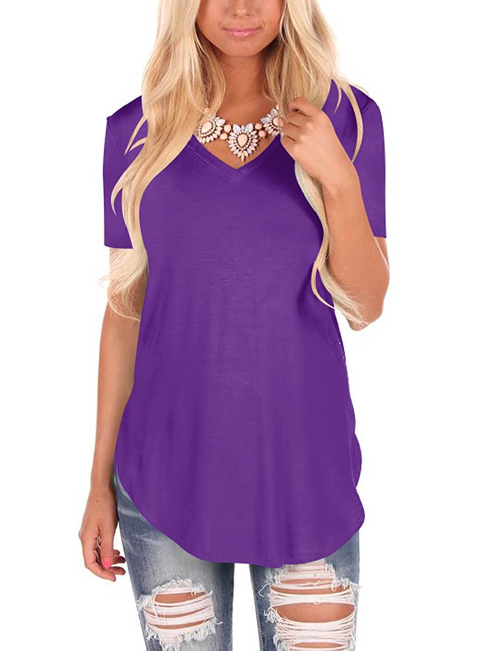 V-Neck Knitted Solid Color Loose Short Sleeve Shirt