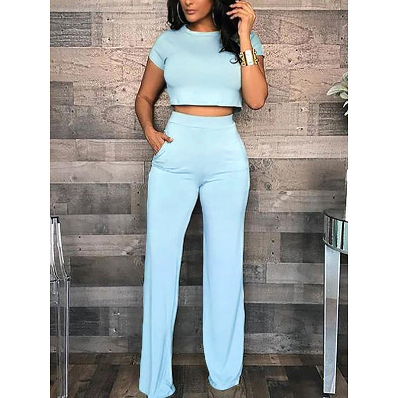 Round Neck Short-Sleeved Solid Color Casual Suit