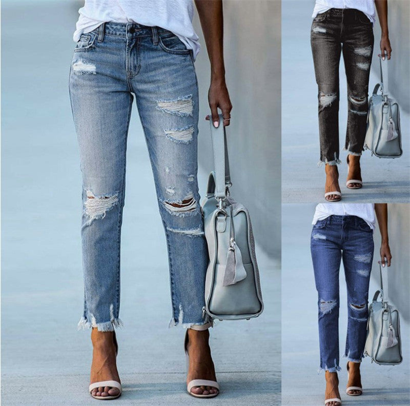 Ripped Solid Color Denim Jeans