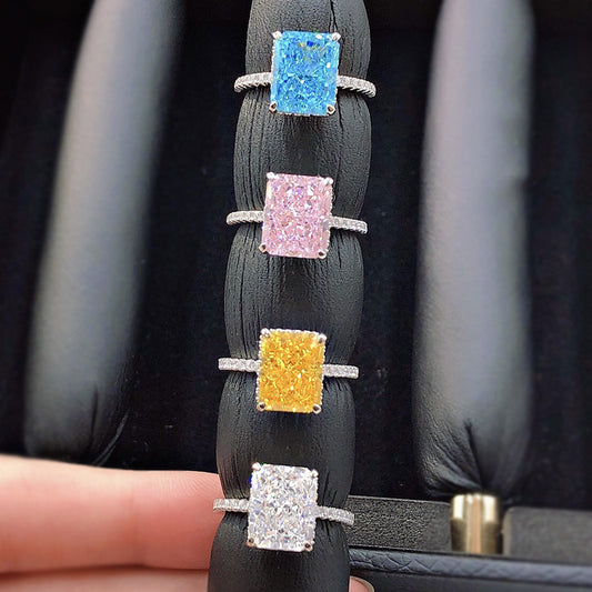 Silver High Carbon Diamond Radiant Cut Ring Women