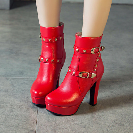 Solid Color Studded Thick Heel Short Boots