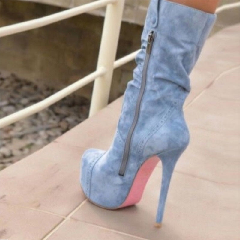 Light Blue Short Boots With Side Zip