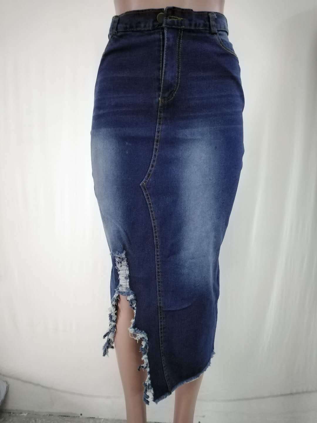 High Waist Washed Denim Split Hip Skirt