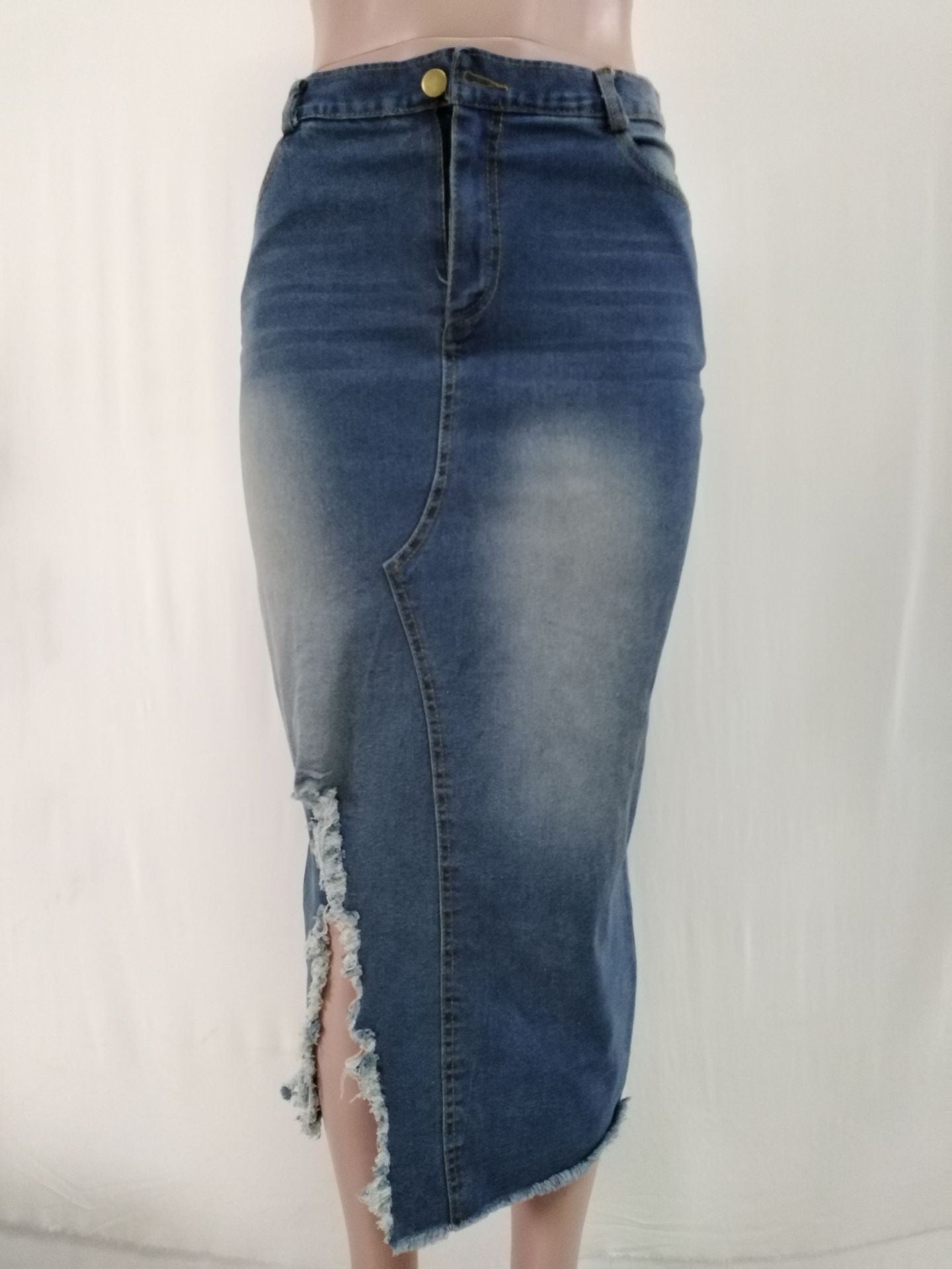High Waist Washed Denim Split Hip Skirt