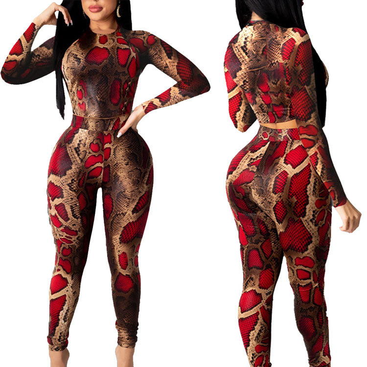 Two-Piece Snake Print Long-Sleeved Jumpsuit