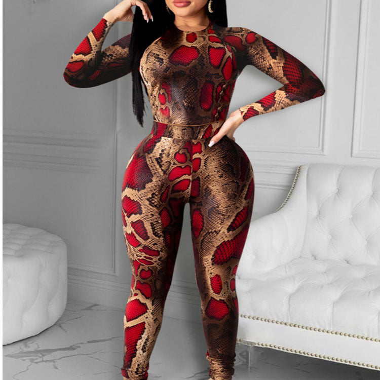 Two-Piece Snake Print Long-Sleeved Jumpsuit