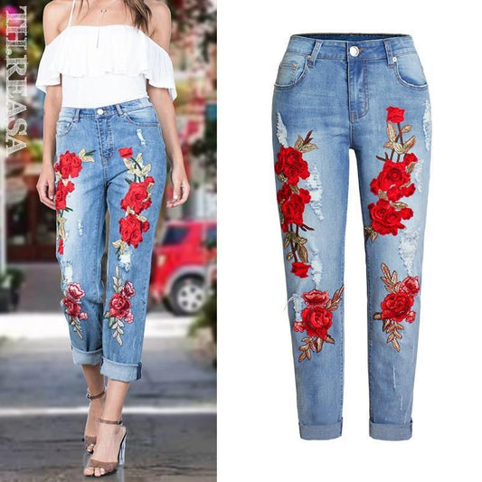 Summer Rose Print Loose Jeans