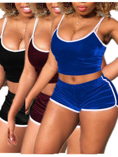 Slim Fit Velvet Suspender Shorts 2-Piece Set