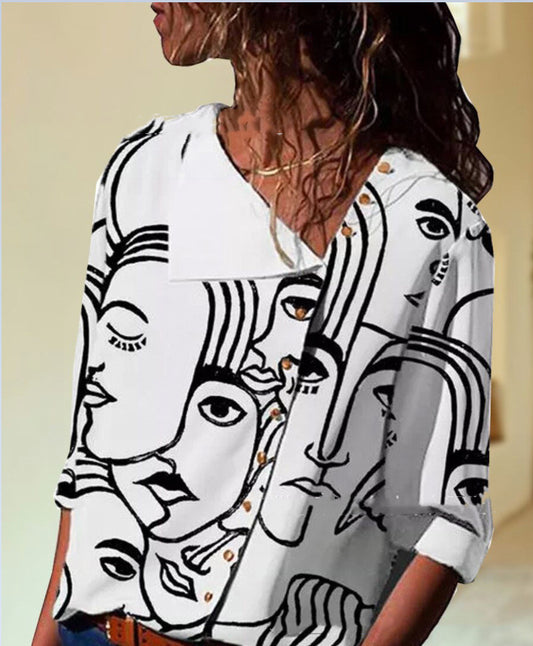 Abstract Print Long Sleeve Loose T-shirt