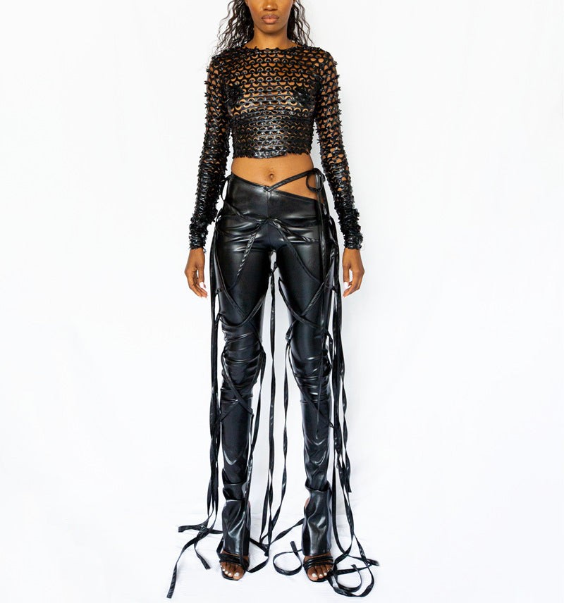 Oblique Waist Multi-Band Casual Lace-Up PU Leather Pants