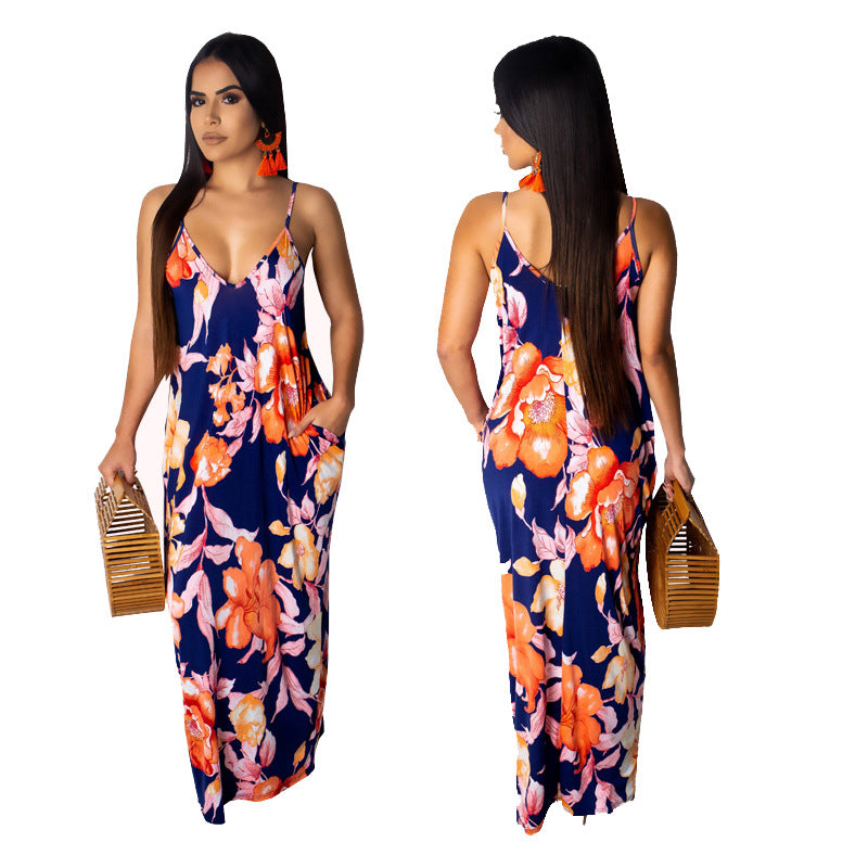 Color Floral Totem Printed Sleeveless Vest Long Skirt