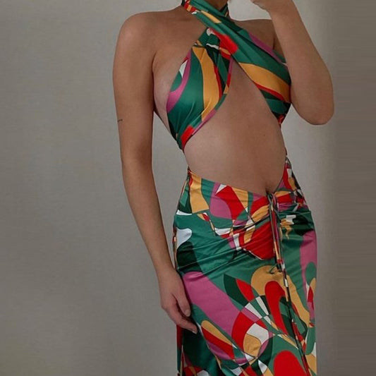 Strapping Vest With Drawstring Skirt Two Piece Multi Color Print Suit