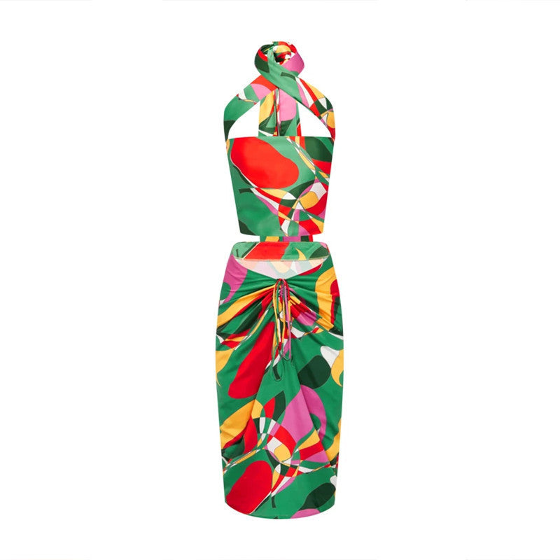 Strapping Vest With Drawstring Skirt Two Piece Multi Color Print Suit