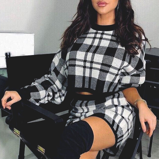 Two Piece Plaid Sweater Outfit Long Sleeve Crop Top And Skirt Set