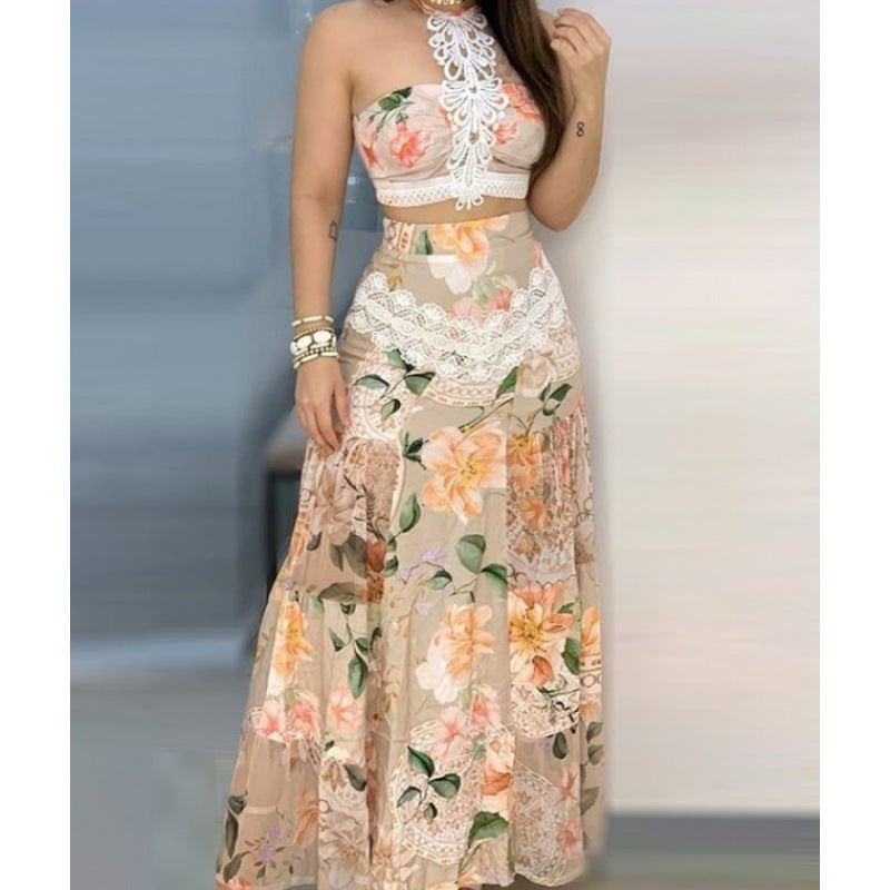 Floral Lace Hem Top & Skirt Set