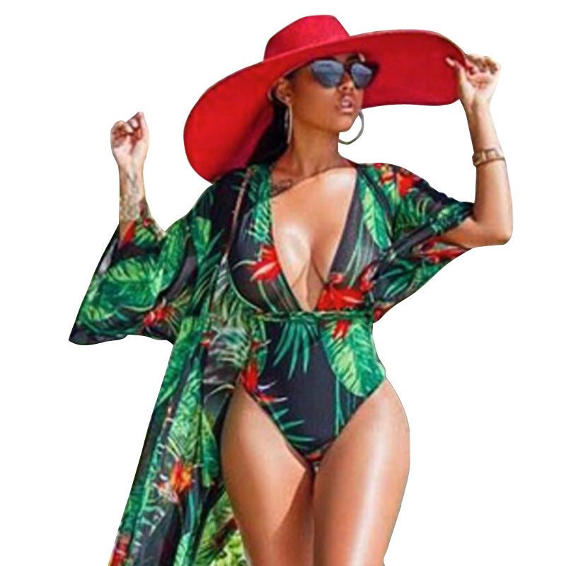 One-Piece Digital Printed Veil Bikini Blouse