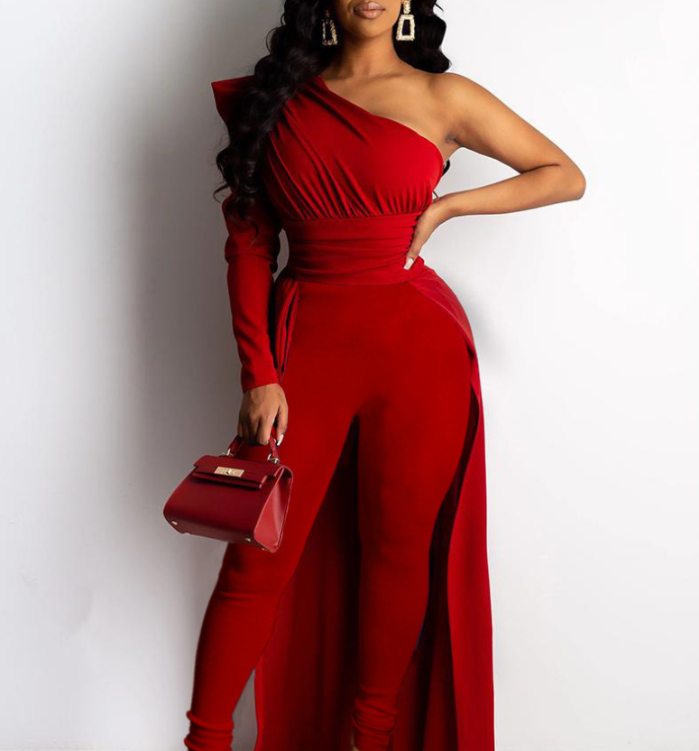 One-Shoulder Puff Sleeve Style Skinny Long Mop Jumpsuit