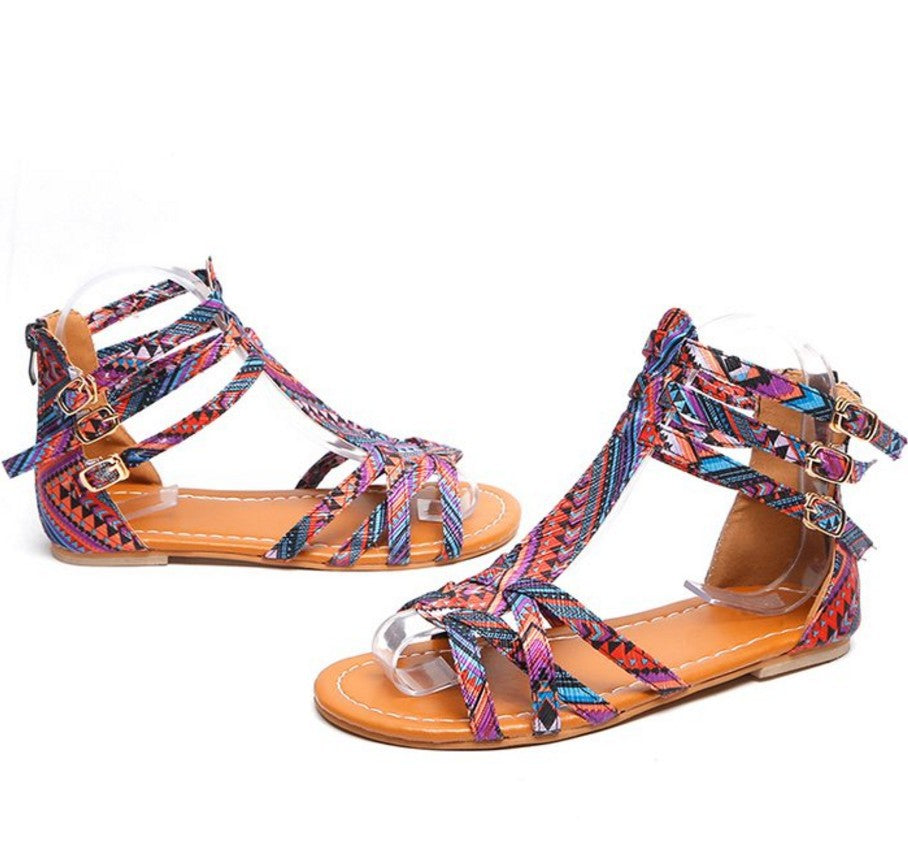 Multi Color Print Ankle Strap Sandals