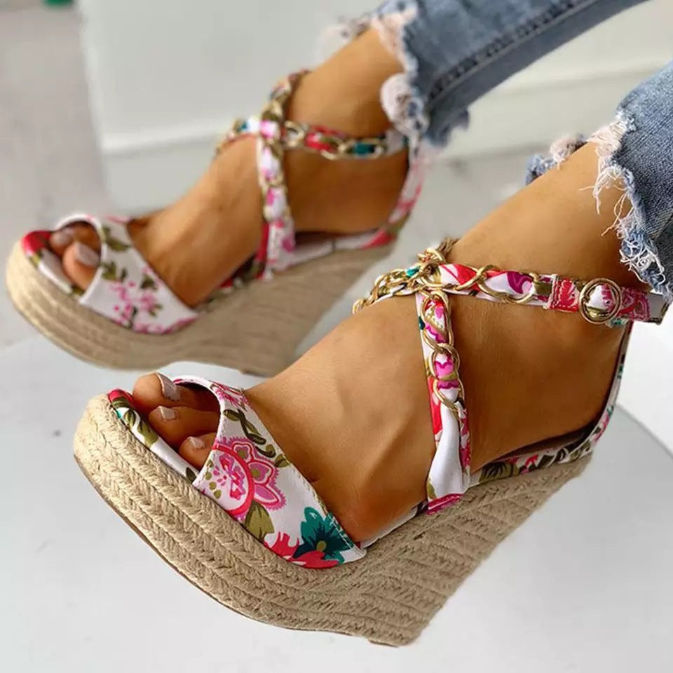 Double Strap Multi Color Floral Wedge Heel