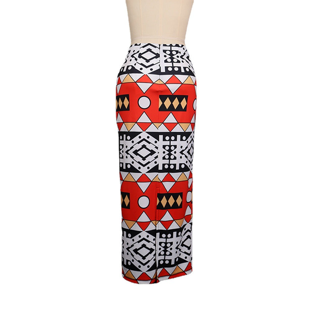 High Waist Slim Geometric Print Split Casual Skirt