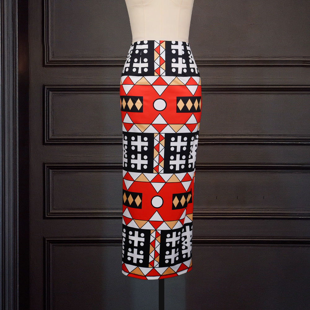 High Waist Slim Geometric Print Split Casual Skirt