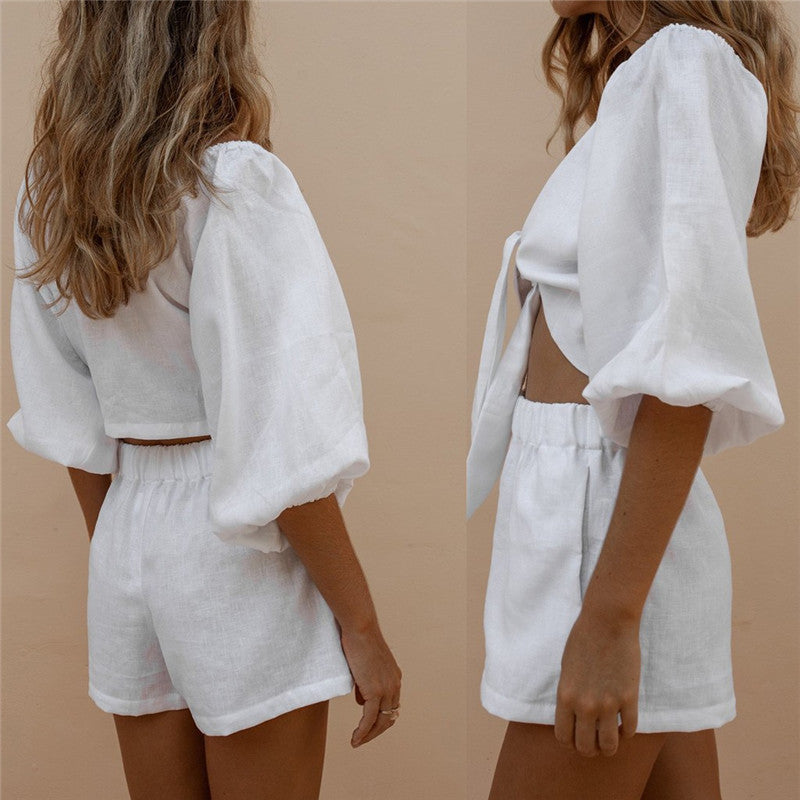 Short Sleeve Elastic Waist Wide Leg Short Set