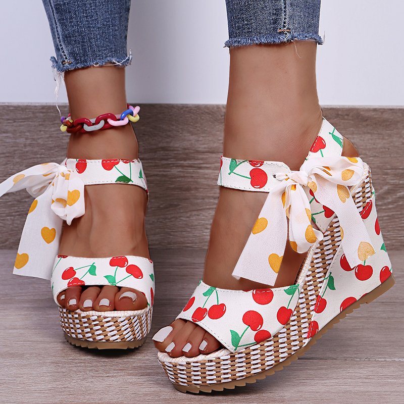 Fruit Pattern Multi Color Open Toe Bow Wedge